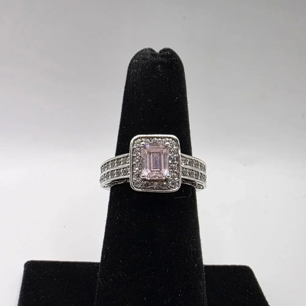 Sterling Silver 925 Pink Tourmaline & White Cubic Zirconia Ring Size 6